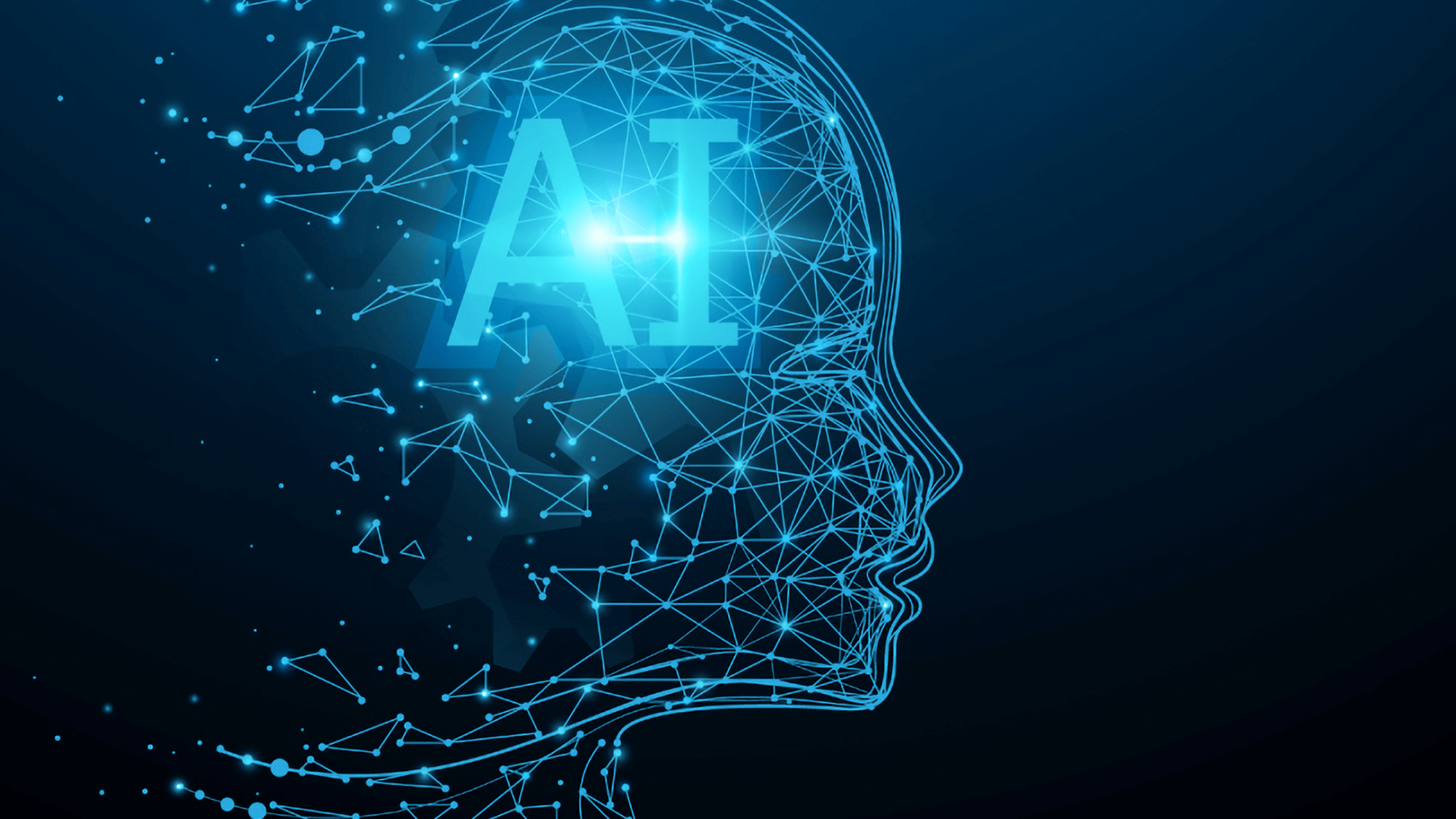 Digital illustration of a human head profile made of glowing blue lines and network connections, symbolizing artificial intelligence, with large “AI” letters glowing inside the head on a dark blue background.