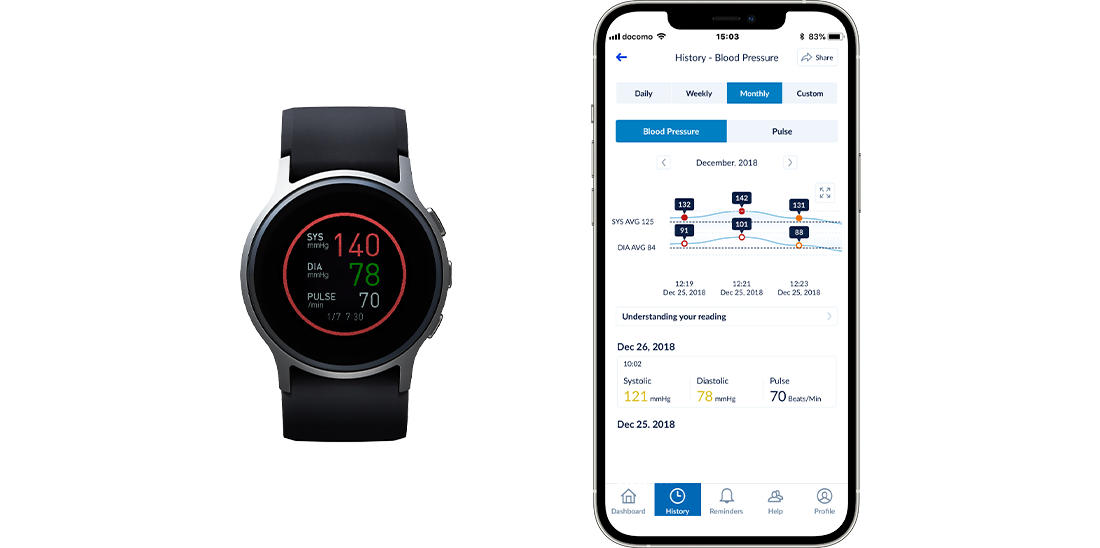 Wearable blood pressure monitor HeartGuide and HeartAdviser smartphone app