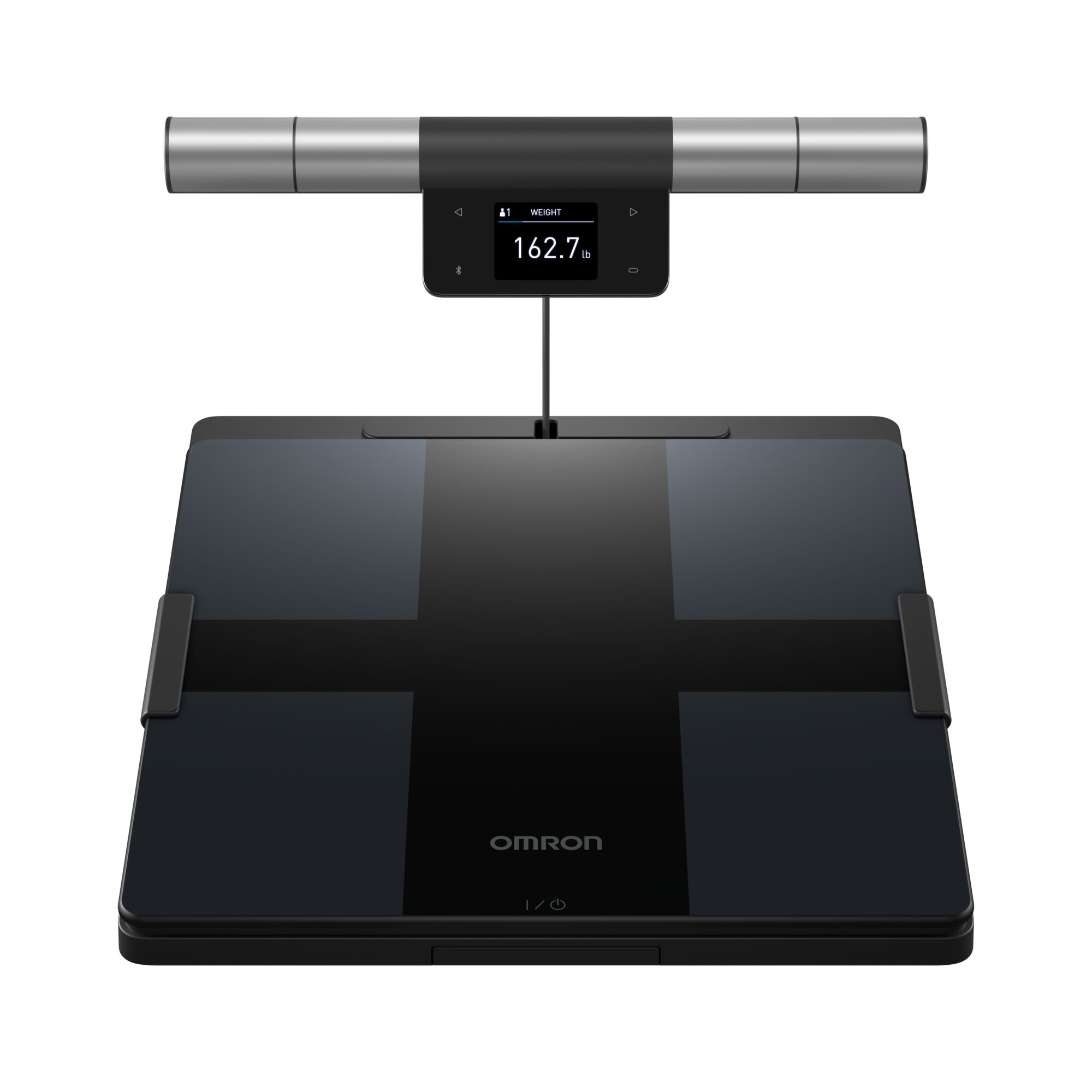 Front product image of a black OMRON body composition monitor with a large glass platform and a connected horizontal handgrip bar. A central display mounted below the handgrip shows Weight: 162.7 lb. The platform includes metallic electrode areas and the OMRON logo near the front.